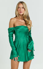 Izzy Mini Dress - Long Sleeve Off Shoulder Satin Slip Dress in emerald