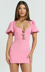 Lalisa Mini Dress - Puff Sleeve Starfish Plunge Neck Dress in Pink