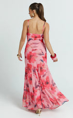 Claudia Maxi Dress - Floral Cowl Neck Godet Dress in Pink Floral