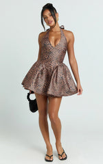 Georgine Mini Dress - Leopard Print Halter Deep V Fit And Flare Dress in Leopard Luxe