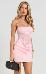 Rania Mini Dress - Square Neck Cowl Waist Lace Dress in Pink