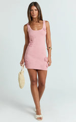Elodie Mini Dress - Scoop Neck 3D Floral Knit Dress in Pale Pink