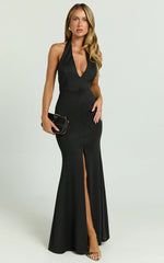 Moana Maxi Dress - Halter Plunge Front Split Dress in Black