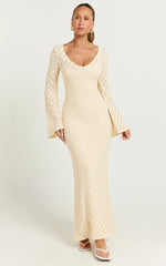 Halsey Maxi Dress - Crochet Scoop Neck Flare Sleeve Dress in Off White