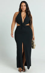 Rose Maxi Dress - Plunge Halter Front Split Dress in Black