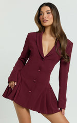 Bea Mini Dress - Collared Long Sleeve Fit And Flare Pleated Dress in Wine