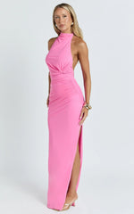 Francis Maxi Dress - Halter Ruched Backless Dress in Pink