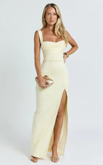 Donna Maxi Dress - Cowl Neck Column High Split Dress in Lemon