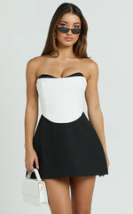 Loissa Mini Dress - Strapless Corset Waist Contrast Colour Tulip Skirt Dress in Black