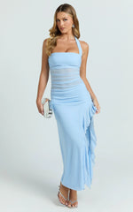 Almarie Midi Dress - Halter Neck Mesh Dress in Blue