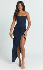 Daniella Maxi Dress - Strapless Corset Draped Asymmetrical Dress in Navy