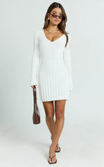 Carissa Mini Dress - V Neck Long Sleeve Knit Dress in White