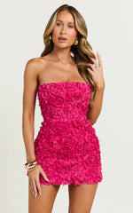 Cassia Mini Dress - Strapless 3D Floral Lace Up Back Dress in Pink