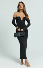 Isabelle Maxi Dress - Ruche Front Deep U Off Shoulder Fitted Dress in Black