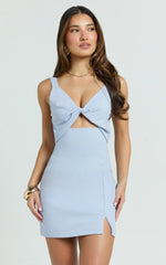 Finnley Mini Dress - Linen Twist Front Cut Out Dress in Baby Blue