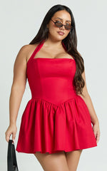Helda Mini Dress - Halter Tie Neck Corset Panel Dress in Red