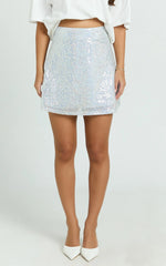 Elswyth Mini Skirt - Side Split Sequin Skirt in Silver