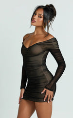 Dani Mini Dress - Mesh Long Sleeve Off Shoulder Ruched Dress in Black