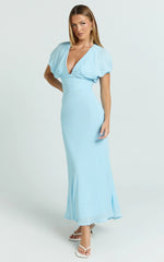 Desiree Midi Dress - V Neck Flutter Short Sleeve Slip Dress in Blue