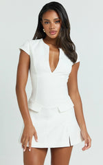 Darius Mini Dress - Cap Sleeve Slit Neck Fit And Flare Dress in White