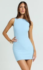 Bindi Boat Neck Bodycon Mini Dress in Blue