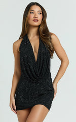 Felix Mini Dress - Plunge Cowl Backless Hotfix Dress in Black