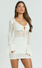 Karly Mini Dress - Crochet Knit Long Sleeve Dress in Ivory