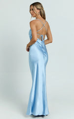 Hanna Maxi Dress - Satin Cowl Neck Low Back Dress in Blue