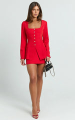 Evie Two Piece Set - Long Sleeve Button Down Tailored Top and Mini Skirt Set in Red