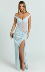 Elara Maxi Dress - Lace Ruched Side Split Dress in Soft Blue