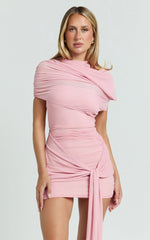 Nicolette Mini Dress - Ruched Short Sleeve Bodycon Dress in Blush