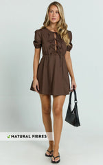 Hattie Mini Dress - Tie Front Puff Sleeve Dress in Chocolate