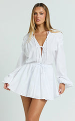 Felix Mini Dress - Front Tie Bishop Sleeve Dress in White
