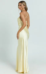 Hanna Maxi Dress - Satin Cowl Neck Low Back Dress in Lemon