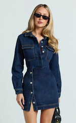 Ainsley Mini Dress - Button Through Long Sleeve Denim Dress in Dark Blue