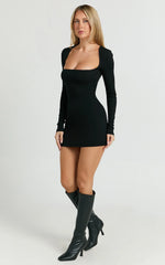 Benji Mini Dress - Square Neck Long Sleeve Bodycon Dress in Black