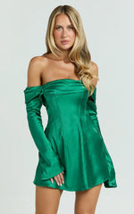 Izzy Mini Dress - Long Sleeve Off Shoulder Satin Slip Dress in emerald