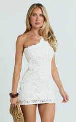 Charlene Mini Dress - Crochet Knitted One Shoulder Dress in White