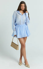 Pascal Mini Dress - Button Down Elastic Waist Shirt Dress in Cornflower Blue