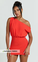 Nellie Mini Linen Dress - Linen One Shoulder Mini Dress in Orange