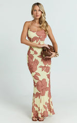 Krishna Maxi Dress - Strappy Scoop Neck Floral Placement Print Georgette Dress in Lemon Bouquet Di Fiori Print