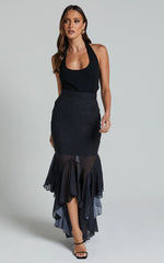 Artemisia Maxi Skirt - Frill Detail Sheer High Low Skirt in Black Polka