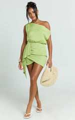 Niana Mini Dress - Drape One Shoulder Dress in Green