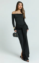 Judith Maxi Dress - Boat Neck Backless Tie Front Long Sleeve Jersey Dress in Black