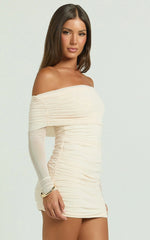 Clyde Mini Dress - Mesh Off Shoulder Ruched Bodycon Dress in Cream