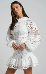 Kiss Me Now Mini Dress - Long Puff Sleeve Dress in White Lace