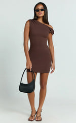 Clementine Mini Dress - Ribbed Off Shoulder Bodycon Dress in Chocolate