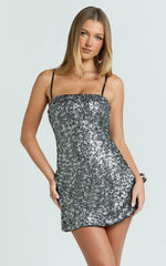 Lily Mini Dress - Sequin Square Neck Shift Dress in Black