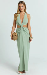 Brooklyn Maxi Dress - Halter Neck Knot Detail Front Split Maxi Dress in Sage