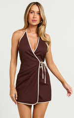 Connie Mini Dress - Linen Halter Neck Wrap Dress in Chocolate